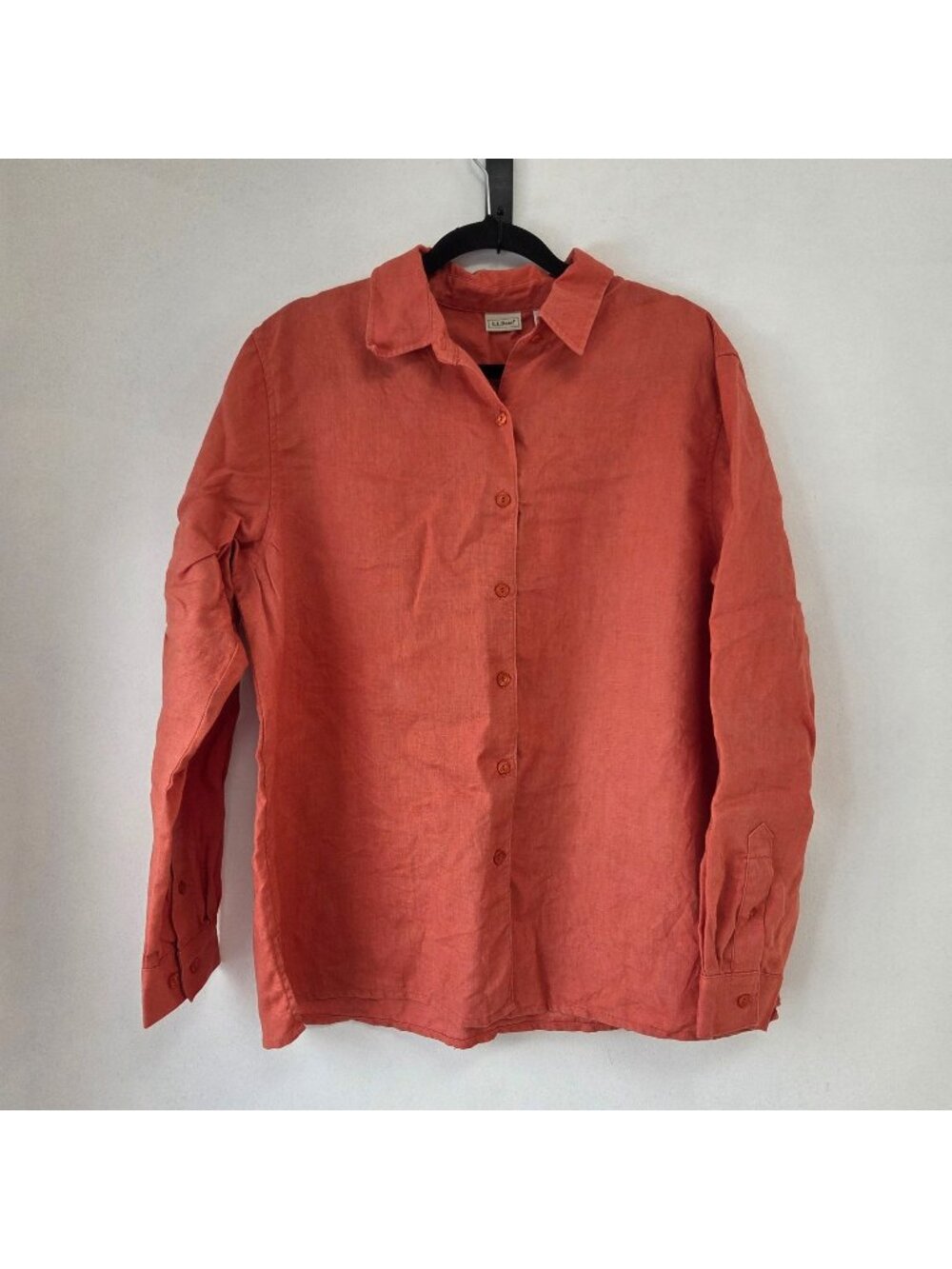 L.L. Bean 100% Linen Coral Orange Button Up Shirt Long Sleeve Women's L